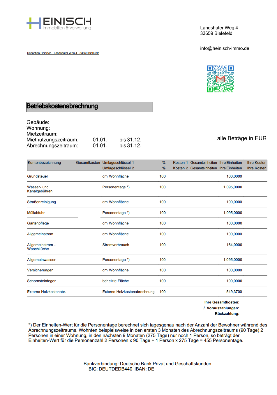 Beispiel Nebenkostenabrechnung Heinisch-Immo: Aufschlüsselung Betriebskosten